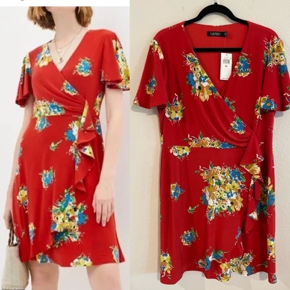 Lauren Ralph Lauren Women’s Midi Faux Wrap Dress Size 16 Red Floral Contemporary - Picture 1 of 16